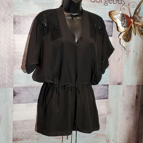 Black Lace Shoulder Inset Drawstring Waist VNeck Blouse Dress Sz S  723 - Picture 1 of 9